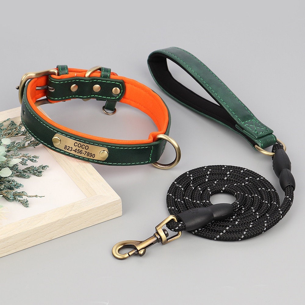 Personalised PU Leather Dog Collar Soft Padded Dog Collar with name plate