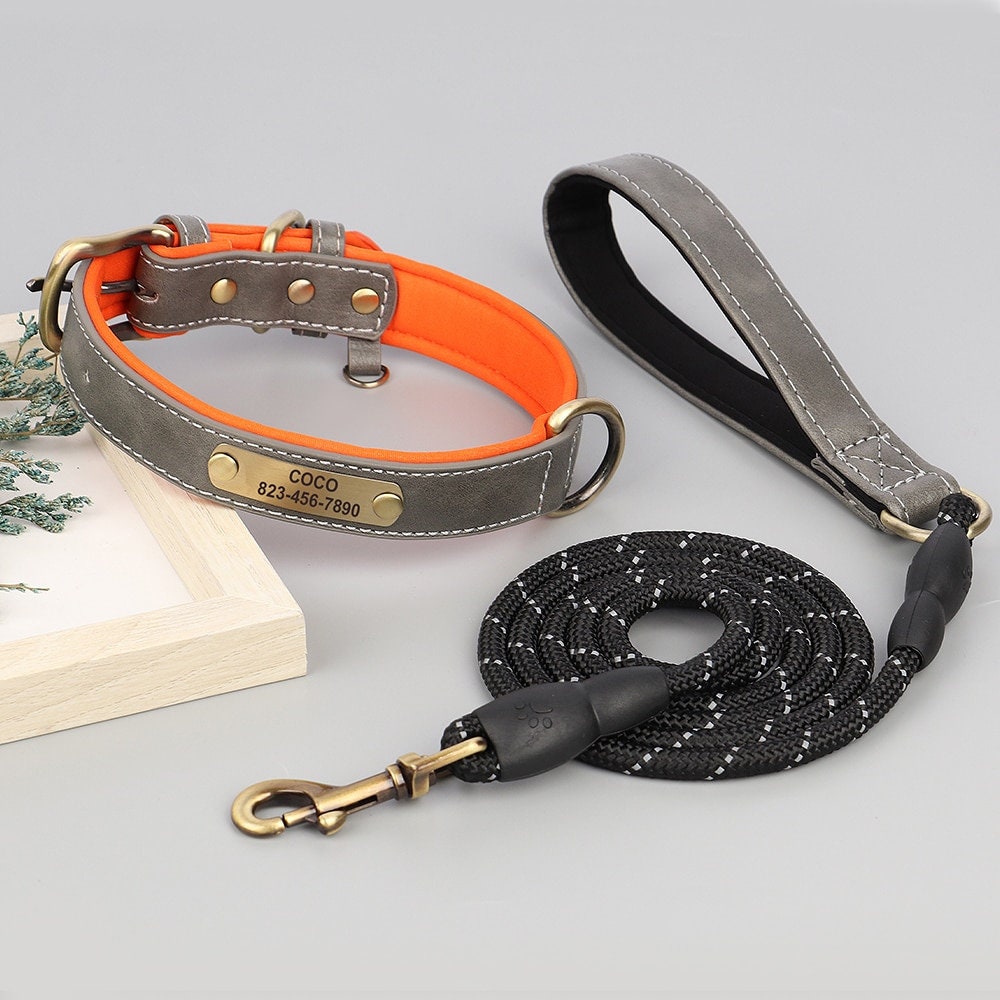 Personalised PU Leather Dog Collar Soft Padded Dog Collar with name plate