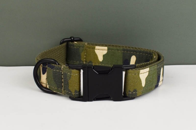 Camouflage Dog Collar, H Harness, Bow Tie, Leash, Custom Green Black Dog Collar Personalised Harness with Name
