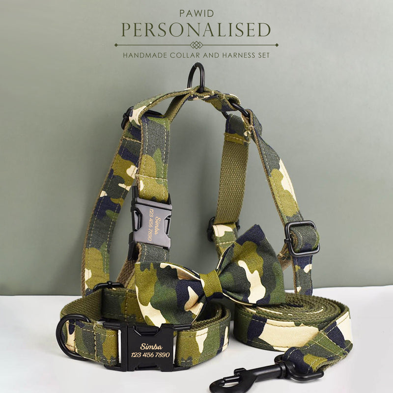 Camouflage Dog Collar, H Harness,  Bow Tie, Leash, Custom Green Black Dog Collar Personalized Harness with Name, Different Combo