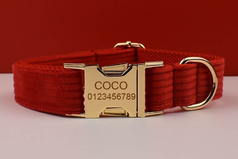 Custom Red Corduroy Personalised Dog Collar, Matching Dog Bowtie, Dog Leash, H-Style Dog Harness & Dog Poop Bag