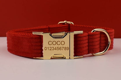 Custom Red Corduroy Personalised Dog Collar, Matching Dog Bowtie, Dog Leash, H-Style Dog Harness & Dog Poop Bag