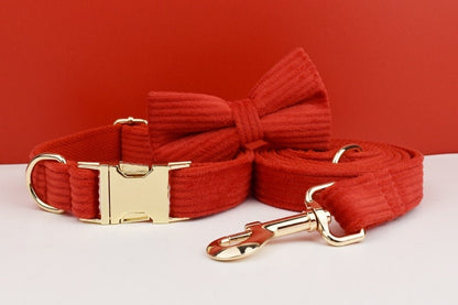 Custom Red Corduroy Personalised Dog Collar, Matching Dog Bowtie, Dog Leash, H-Style Dog Harness & Dog Poop Bag