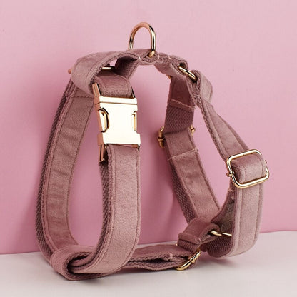 Dusty Pink Dog Harness Personalised with Name, Custom Velvet Wedding Dog Collar, Bow, Flower, Leash, Poop Bag Holder