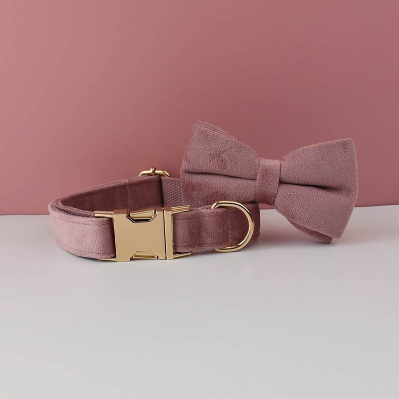 Dusty Pink Dog Harness Personalised with Name, Custom Velvet Wedding Dog Collar, Bow, Flower, Leash, Poop Bag Holder