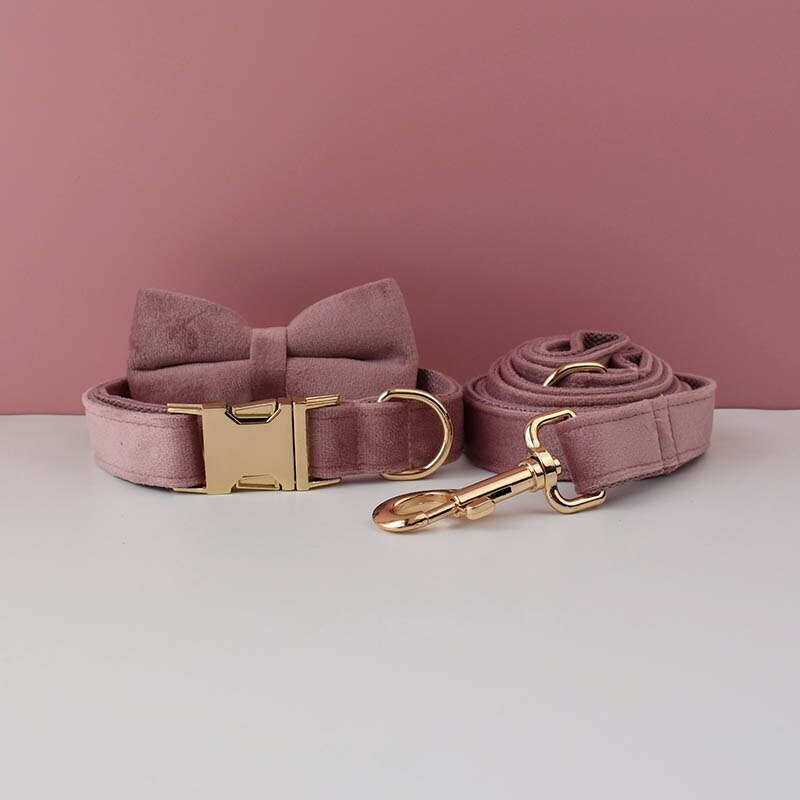 Dusty Pink Dog Harness Personalised with Name, Custom Velvet Wedding Dog Collar, Bow, Flower, Leash, Poop Bag Holder