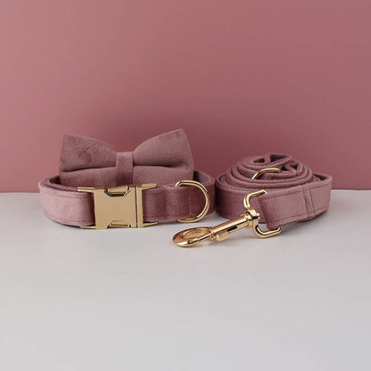 Dusty Pink Dog Harness Personalised with Name, Custom Velvet Wedding Dog Collar, Bow, Flower, Leash, Poop Bag Holder
