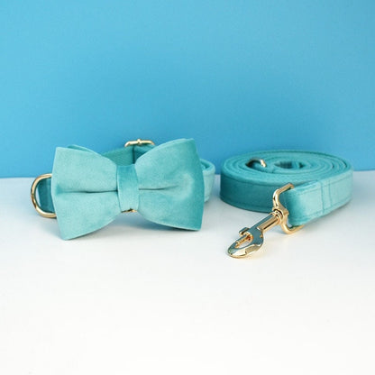 Custom Turquoise Velvet Personalised Dog Collar, Matching Dog Bowtie, Dog Flower, Leash, H-Style Dog Harness & Dog Poop Bag