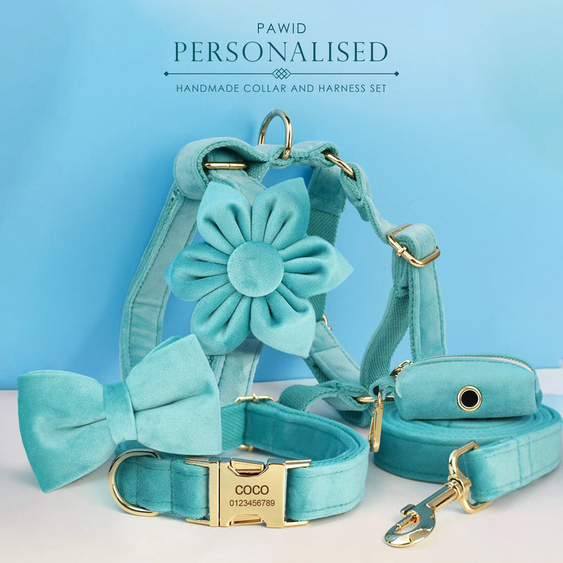 Custom Turquoise Velvet Personalized Dog Collar, Matching Dog Bowtie, Dog Flower, Leash, H-Style Dog Harness & Dog Poop Bag, Different Combo