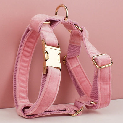 Custom Pink Velvet Personalised Dog Collar, Matching Dog Bowtie, Dog Flower, Dog Leash, H-Style Dog Harness & Dog Poop Bag