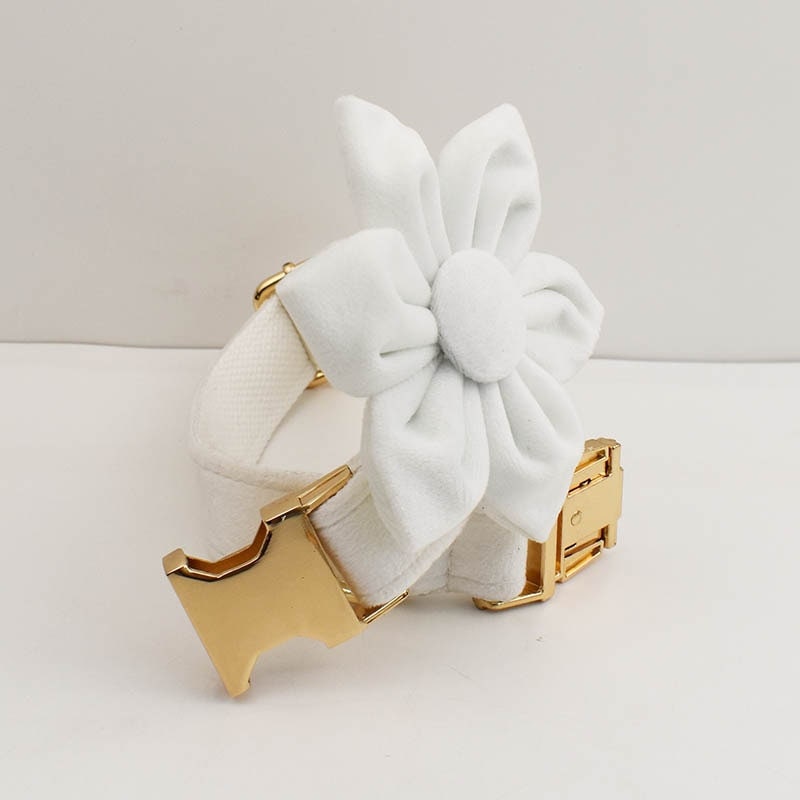 Custom White Velvet Personalised Dog Collar, Matching Dog Bowtie, Dog Flower, Dog Leash, H-Style Dog Harness & Dog Poop Bag