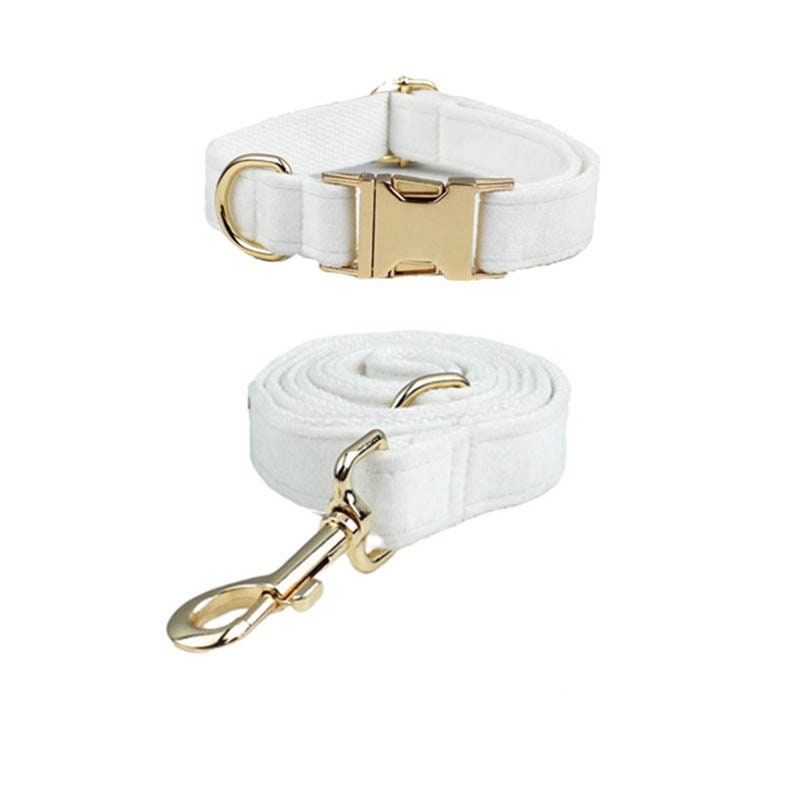 Custom White Velvet Personalised Dog Collar, Matching Dog Bowtie, Dog Flower, Dog Leash, H-Style Dog Harness & Dog Poop Bag