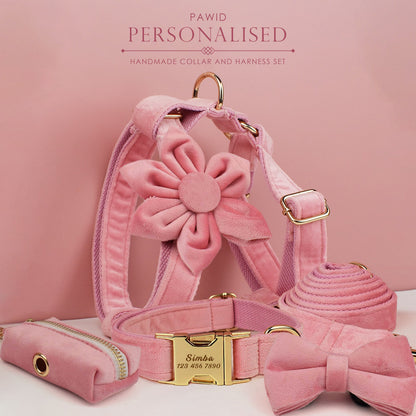 Custom Pink Velvet Personalised Dog Collar, Matching Dog Bowtie, Dog Flower, Dog Leash, H-Style Dog Harness & Dog Poop Bag