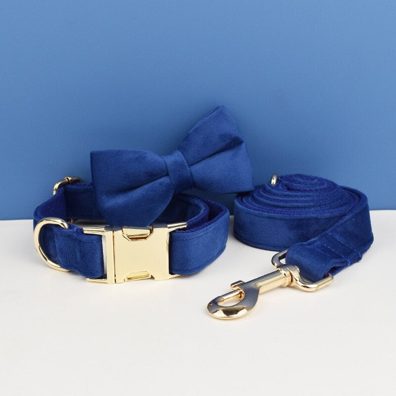 Navy Blue Dog Collar, Personalised with Name, Custom Velvet H Harness, Bowtie, Flower, Leash Set, Poop Bag Holder