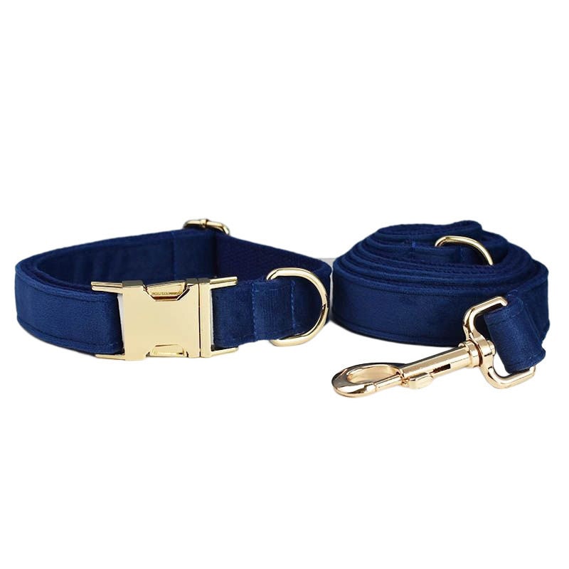 Navy Blue Dog Collar, Personalised with Name, Custom Velvet H Harness, Bowtie, Flower, Leash Set, Poop Bag Holder