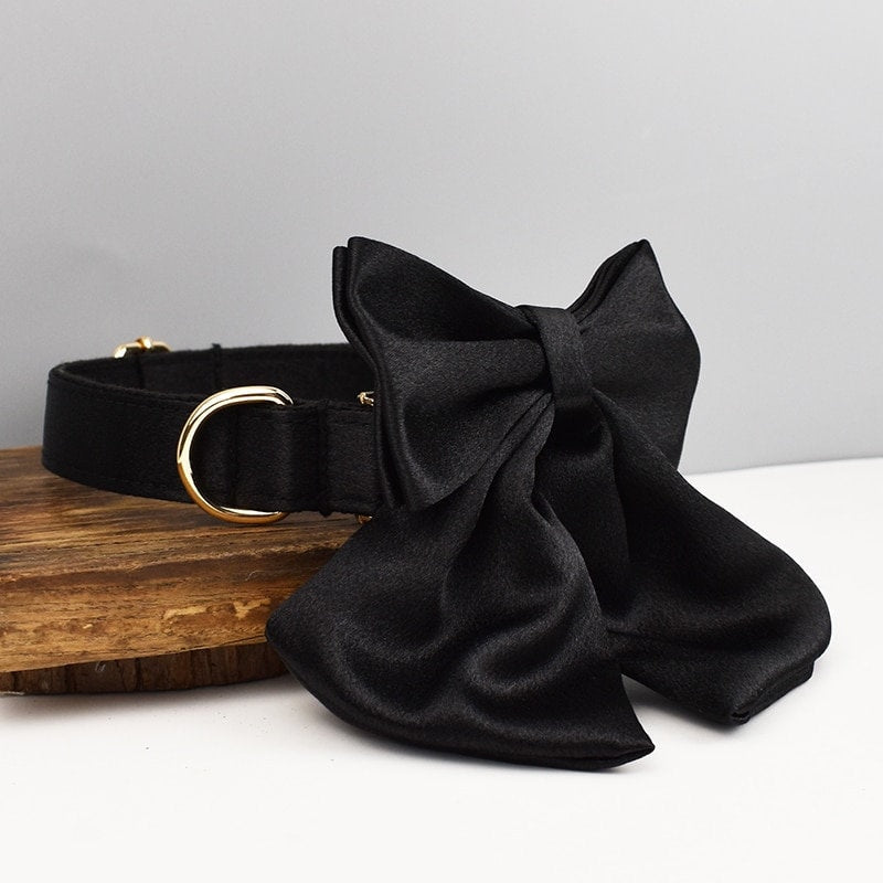 Black Dog Collar, Custom Satin Silky Black H-Style Dog Harness with Name, Dog Poop Bag, Leash, Sailor Bow for Wedding