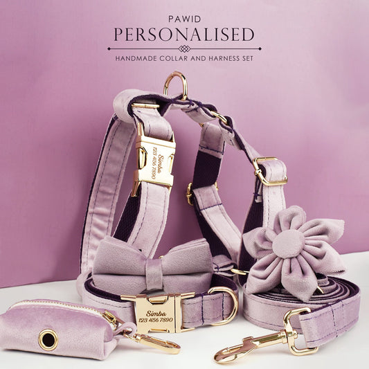 Purple Dog Harness, Custom Velvet Personalised Wedding Dog Collar with Name, Bow, Flower, Leash, Poop Bag Holder
