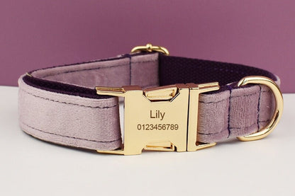 Purple Dog Harness, Custom Velvet Personalised Wedding Dog Collar with Name, Bow, Flower, Leash, Poop Bag Holder
