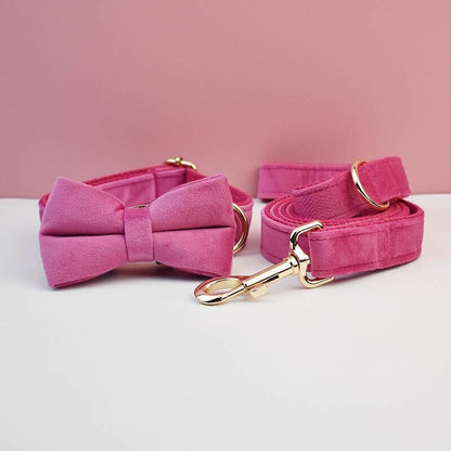 Custom Hot Pink Velvet Personalised Dog Collar, Matching Dog Bowtie, Dog Flower, Leash, H-Style Dog Harness & Dog Poop Bag