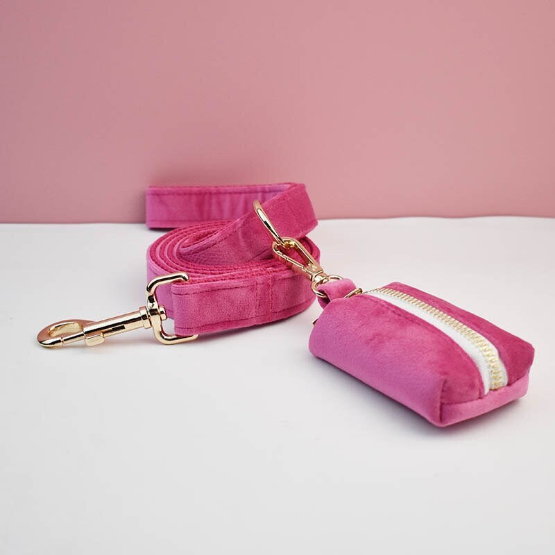 Custom Hot Pink Velvet Personalised Dog Collar, Matching Dog Bowtie, Dog Flower, Leash, H-Style Dog Harness & Dog Poop Bag