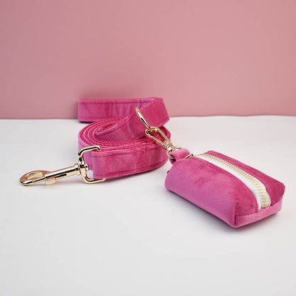 Custom Hot Pink Velvet Personalised Dog Collar, Matching Dog Bowtie, Dog Flower, Leash, H-Style Dog Harness & Dog Poop Bag
