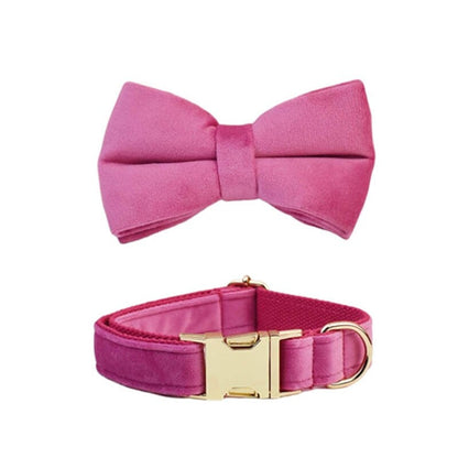 Custom Hot Pink Velvet Personalised Dog Collar, Matching Dog Bowtie, Dog Flower, Leash, H-Style Dog Harness & Dog Poop Bag