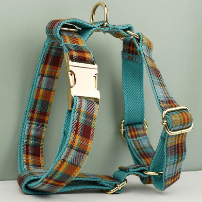 Custom Tartan Personalised Dog Collar, Matching Dog Bowtie, Dog Leash, Roman Dog Harness, Different Combo, Blue Plaid Dog Collar