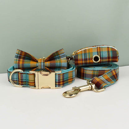Custom Tartan Personalised Dog Collar, Matching Dog Bowtie, Dog Leash, Roman Dog Harness, Different Combo, Blue Plaid Dog Collar