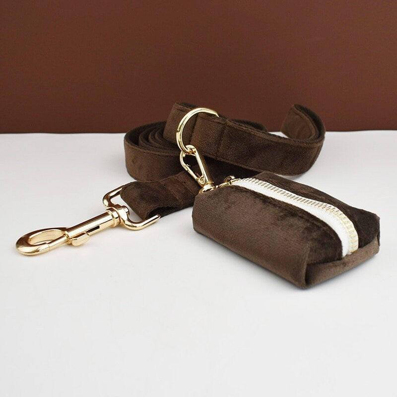 Custom Dark Brown Velvet Personalised Dog Collar, Matching Dog Bowtie, Dog Flower, Leash, H-Style Harness & Dog Poop Bag