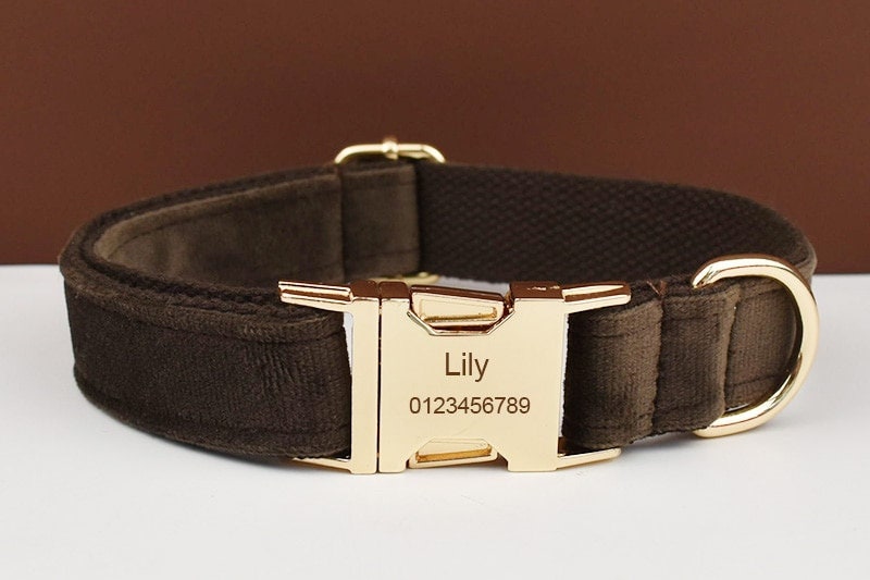 Custom Dark Brown Velvet Personalised Dog Collar, Matching Dog Bowtie, Dog Flower, Leash, H-Style Harness & Dog Poop Bag