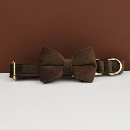 Custom Dark Brown Velvet Personalised Dog Collar, Matching Dog Bowtie, Dog Flower, Leash, H-Style Harness & Dog Poop Bag