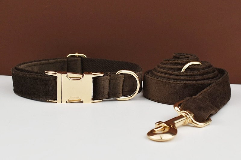 Custom Dark Brown Velvet Personalised Dog Collar, Matching Dog Bowtie, Dog Flower, Leash, H-Style Harness & Dog Poop Bag