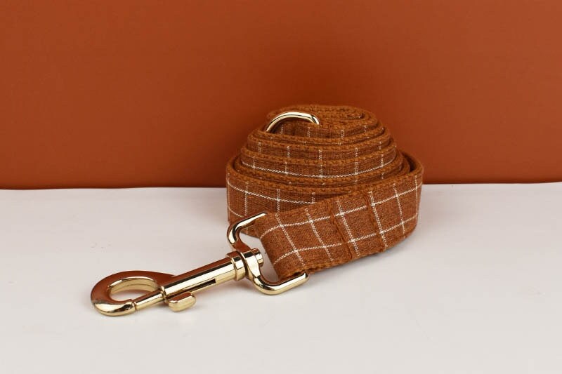Brown Plaid Dog Collar with Buckle Name, Checker Style Matching H-Style Personalised Dog Harness, Bowtie, Leash Set
