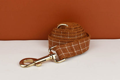 Brown Plaid Dog Collar with Buckle Name, Checker Style Matching H-Style Personalised Dog Harness, Bowtie, Leash Set
