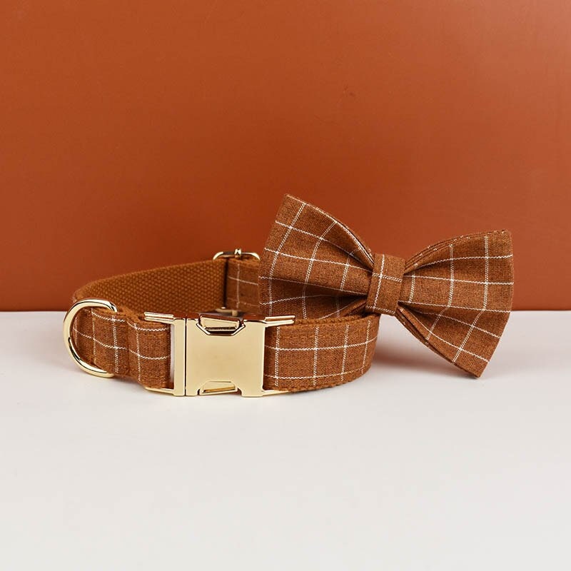 Brown Plaid Dog Collar with Buckle Name, Checker Style Matching H-Style Personalised Dog Harness, Bowtie, Leash Set