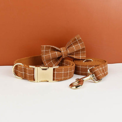Brown Plaid Dog Collar with Buckle Name, Checker Style Matching H-Style Personalised Dog Harness, Bowtie, Leash Set
