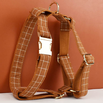 Brown Plaid Dog Collar with Buckle Name, Checker Style Matching H-Style Personalised Dog Harness, Bowtie, Leash Set