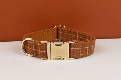 Brown Plaid Dog Collar with Buckle Name, Checker Style Matching H-Style Personalised Dog Harness, Bowtie, Leash Set