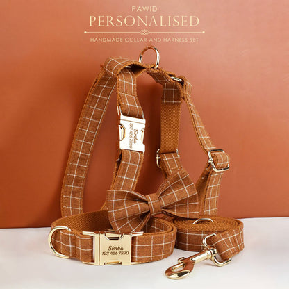 Brown Plaid Dog Collar with Buckle Name, Checker Style Matching H-Style Personalised Dog Harness, Bowtie, Leash Set