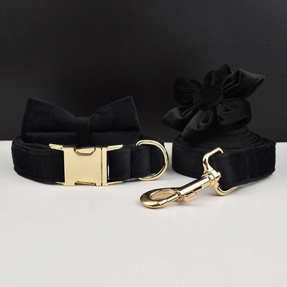Black Personalised Female or Male Dog Collar with Name, Custom H-Style Dog Harness or Leash, Bow, Poop Bag Holder for Wedding or Daily Use