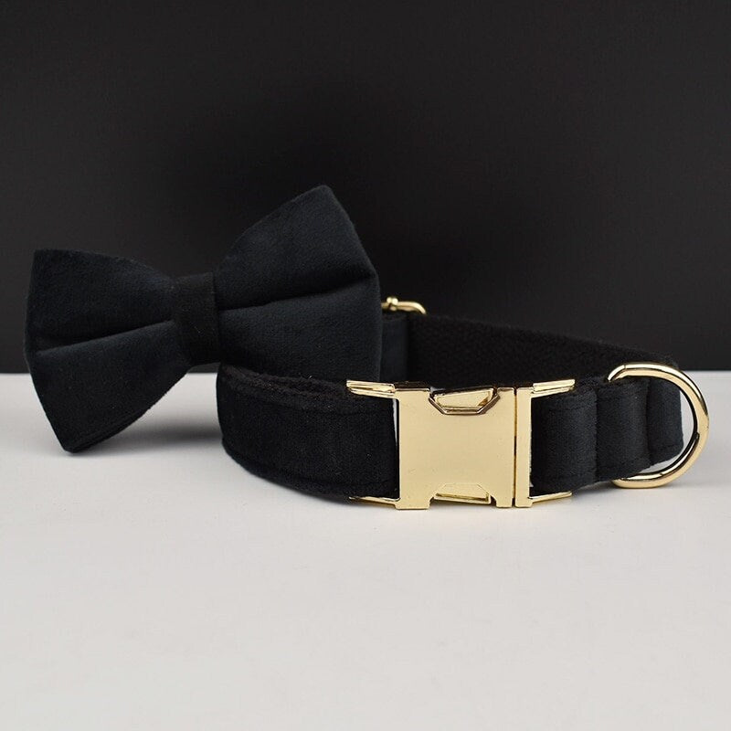 Black Personalised Female or Male Dog Collar with Name, Custom H-Style Dog Harness or Leash, Bow, Poop Bag Holder for Wedding or Daily Use