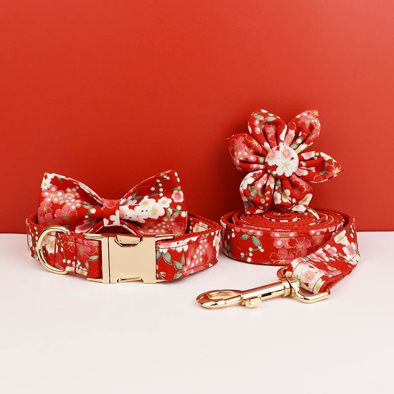 Girl Dog Collar Accessories Featuring Japanese Red Floral H-Style Harness, Lead, Flower, Bowtie Dog Gift for Small Medium Large Female Dogs