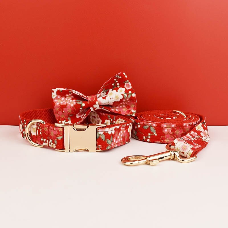 Girl Dog Collar Accessories Featuring Japanese Red Floral H-Style Harness, Lead, Flower, Bowtie Dog Gift for Small Medium Large Female Dogs