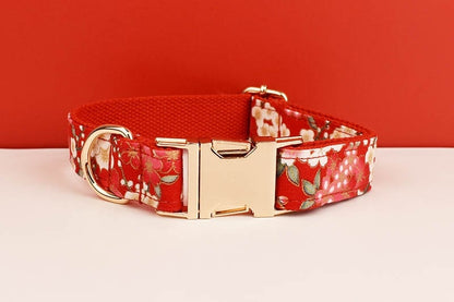 Girl Dog Collar Accessories Featuring Japanese Red Floral H-Style Harness, Lead, Flower, Bowtie Dog Gift for Small Medium Large Female Dogs