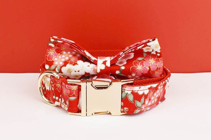 Girl Dog Collar Accessories Featuring Japanese Red Floral H-Style Harness, Lead, Flower, Bowtie Dog Gift for Small Medium Large Female Dogs