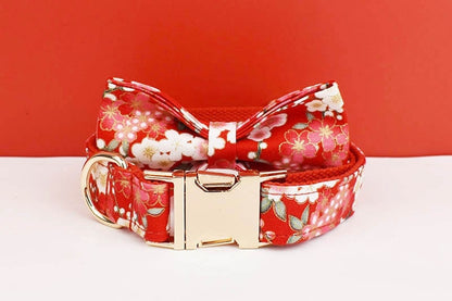 Girl Dog Collar Accessories Featuring Japanese Red Floral H-Style Harness, Lead, Flower, Bowtie Dog Gift for Small Medium Large Female Dogs