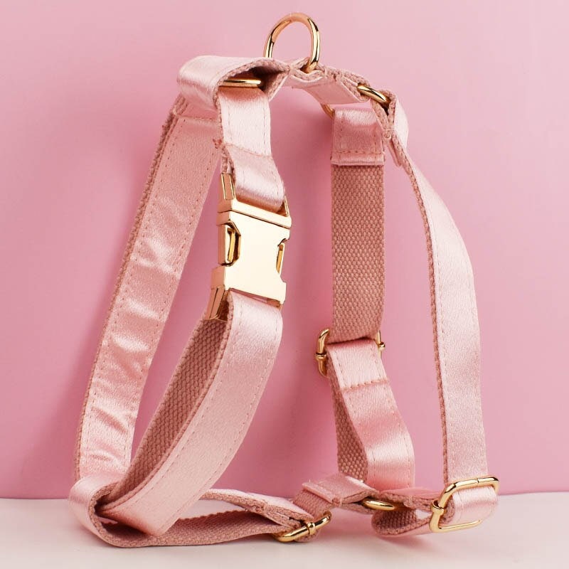 Wedding Pink Dog Harness in Silky Satin, Custom Girl Princess Dog Collar with Name, Sailor Bow, Leash, for Small Large Female Dogs