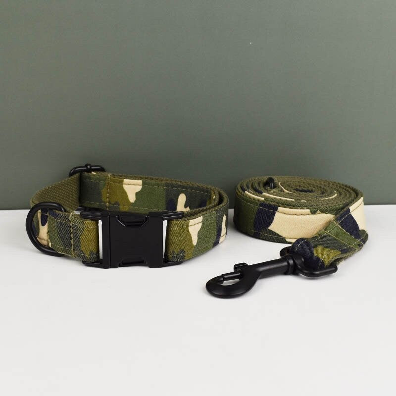 Camouflage Dog Collar, H Harness, Bow Tie, Leash, Custom Green Black Dog Collar Personalised Harness with Name