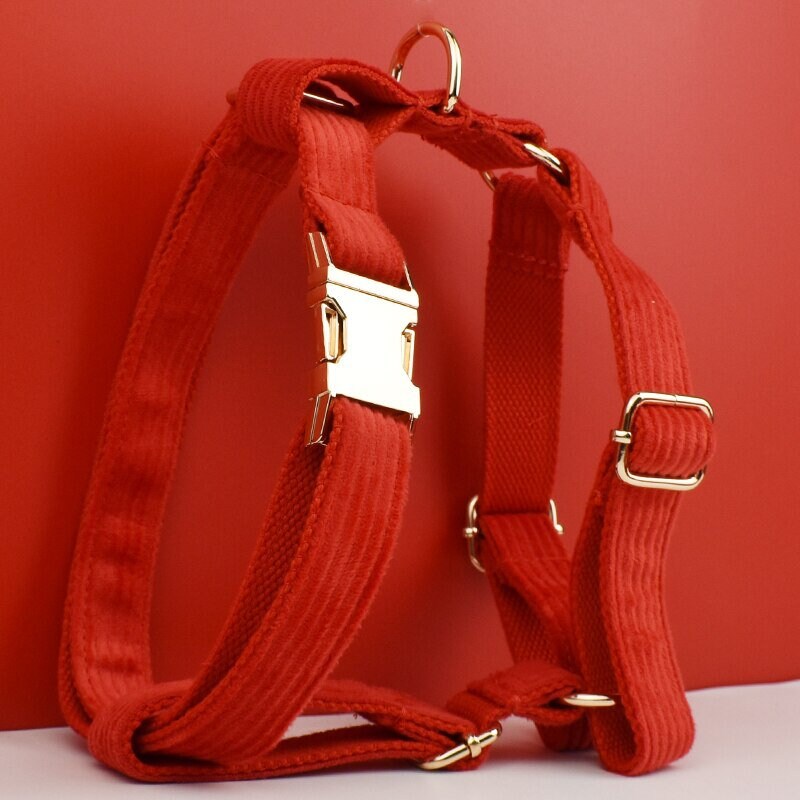 Custom Red Corduroy Personalised Dog Collar, Matching Dog Bowtie, Dog Leash, H-Style Dog Harness & Dog Poop Bag