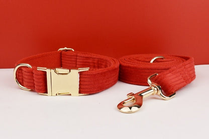 Custom Red Corduroy Personalised Dog Collar, Matching Dog Bowtie, Dog Leash, H-Style Dog Harness & Dog Poop Bag